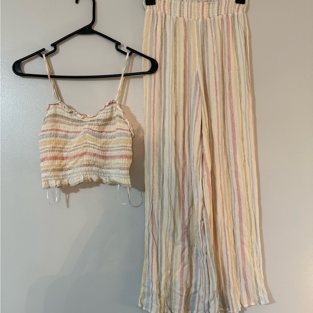 Pink Rose Striped Top and Pants Set - Multicolor